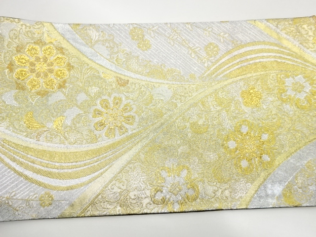  曲線に華紋・唐草・枝垂れ桜模様織出し袋帯